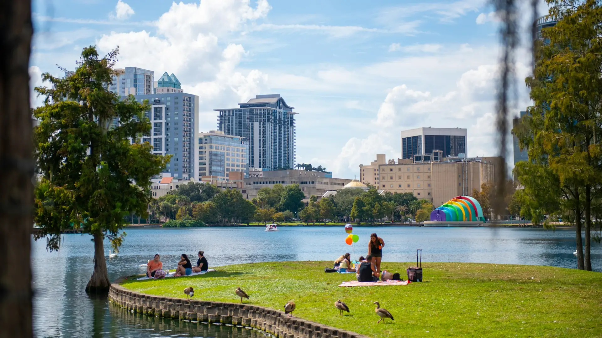 Lake Eola park with the downtown Orlando skyline