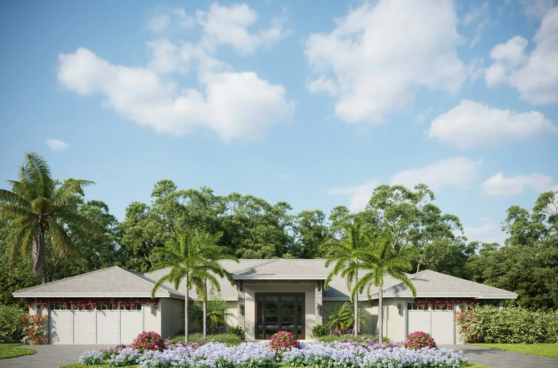 Single-story home with palm trees and a flower bed